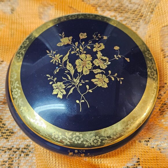 Limoges Castel France Cobalt Blue Gold Porcelain Trinket Box Floral Trim - Picture 6 of 11